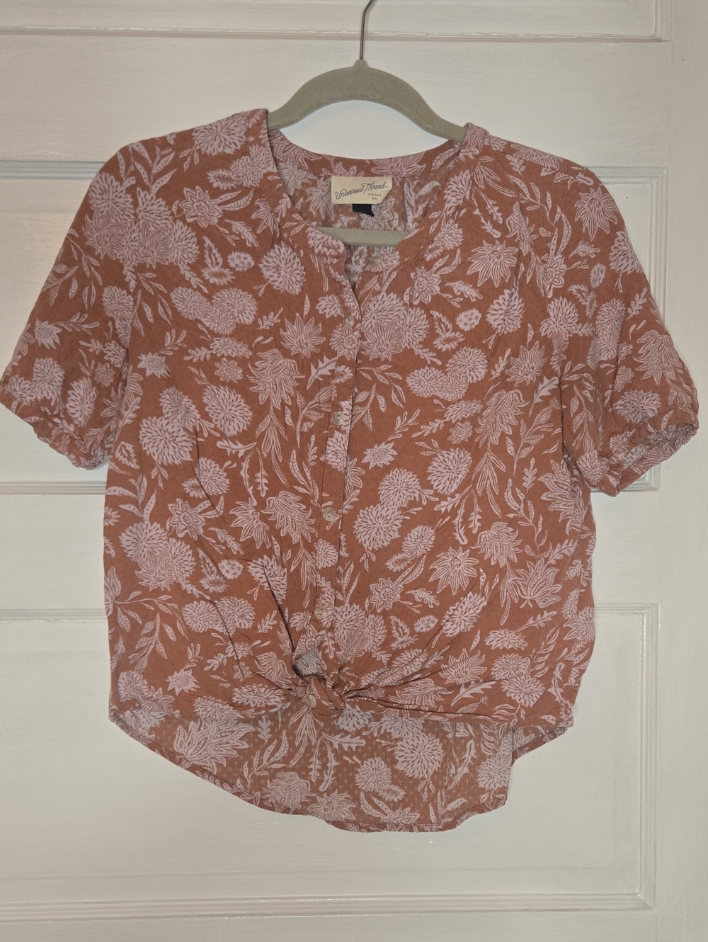 Universal Thread Floral Short Sleeve Tie-Front Blouse Mauve/brown And White_125